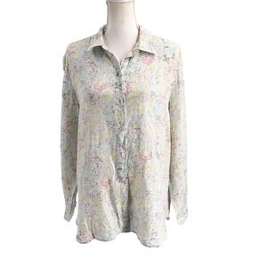 J. Jill Love Linen Women Size Medium Floral Print Button-Up Missy Shirt Collared